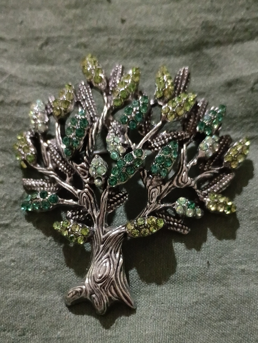 Silver Tree Brooch with Green and Lime Crystals